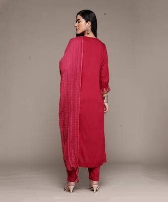 Magenta Pink Embroidered Kurta With Pant And Dupatta 3