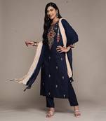 Navy Blue Embroidered Kurta With Pant And Dupatta