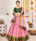 pink & Green Semi-Stitched  lehenga & Unstitched Blouse With Dupatta