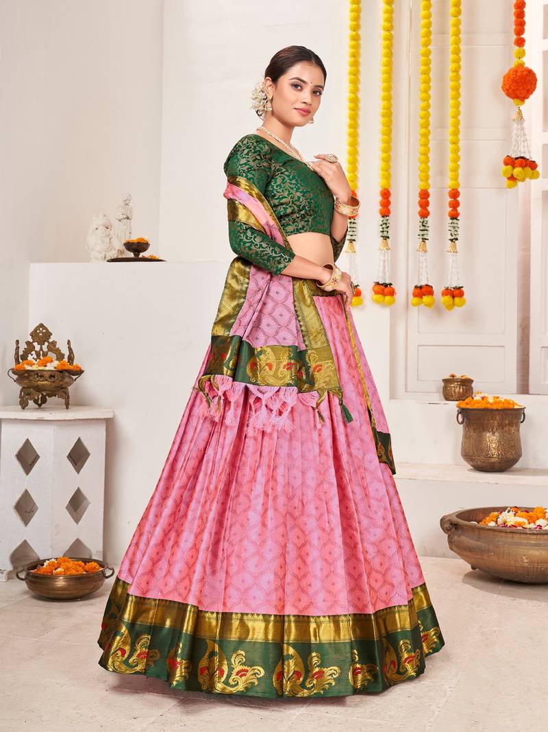 pink & Green Semi-Stitched  lehenga & Unstitched Blouse With Dupatta