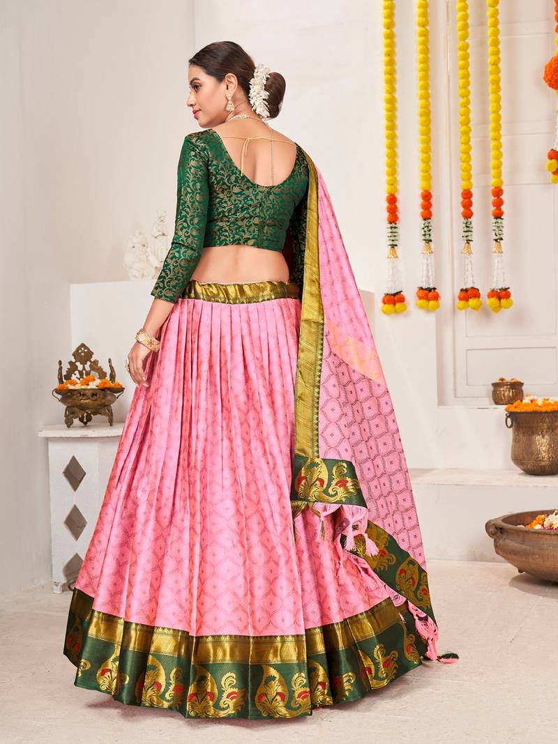 pink & Green Semi-Stitched  lehenga & Unstitched Blouse With Dupatta