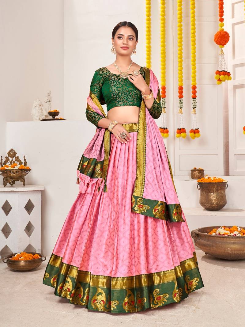 pink & Green Semi-Stitched  lehenga & Unstitched Blouse With Dupatta