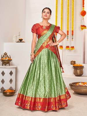 Green & Red Semi-Stitched  lehenga & Unstitched Blouse With Dupatta 1