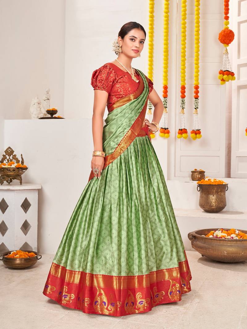 Green & Red Semi-Stitched  lehenga & Unstitched Blouse With Dupatta
