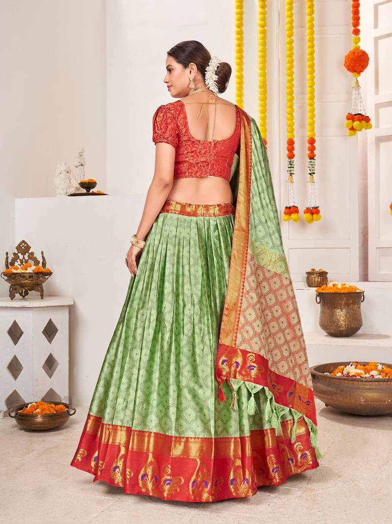 Green & Red Semi-Stitched  lehenga & Unstitched Blouse With Dupatta