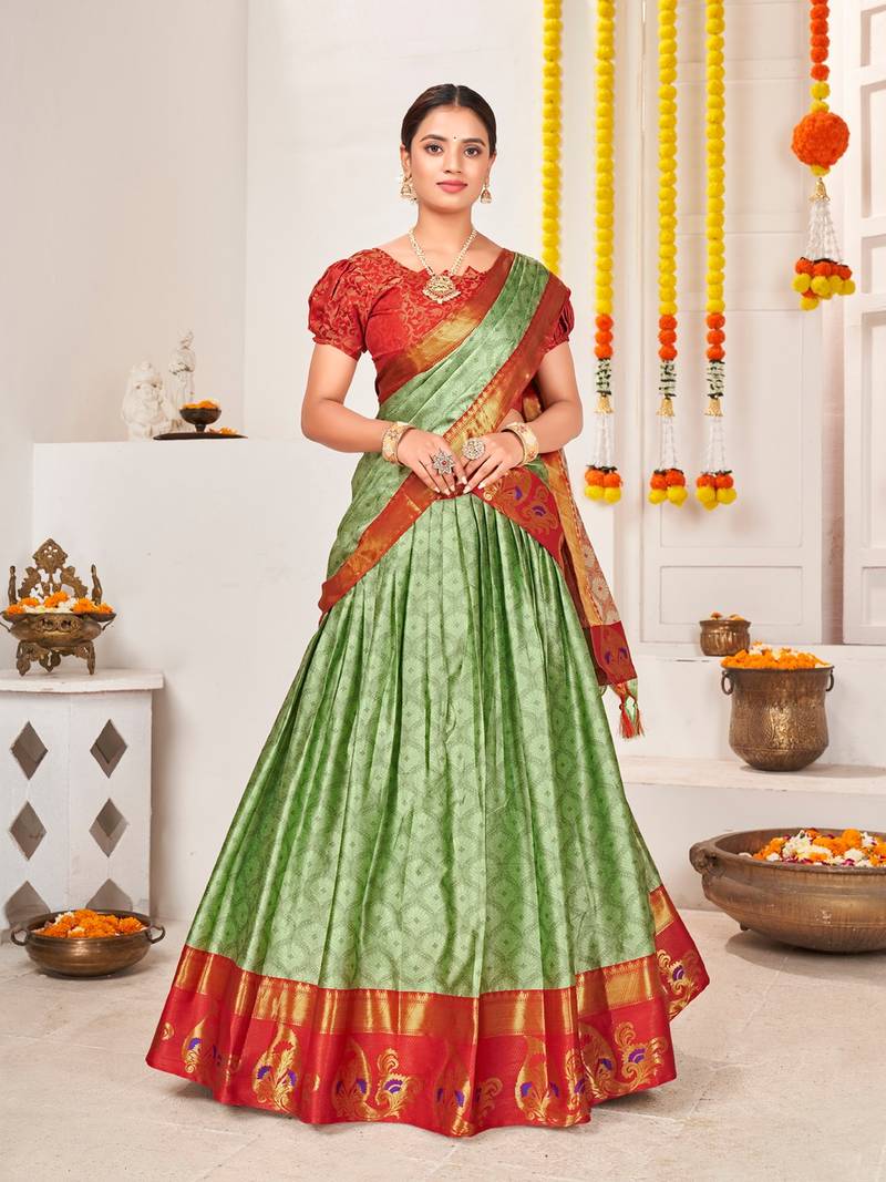 Green & Red Semi-Stitched  lehenga & Unstitched Blouse With Dupatta