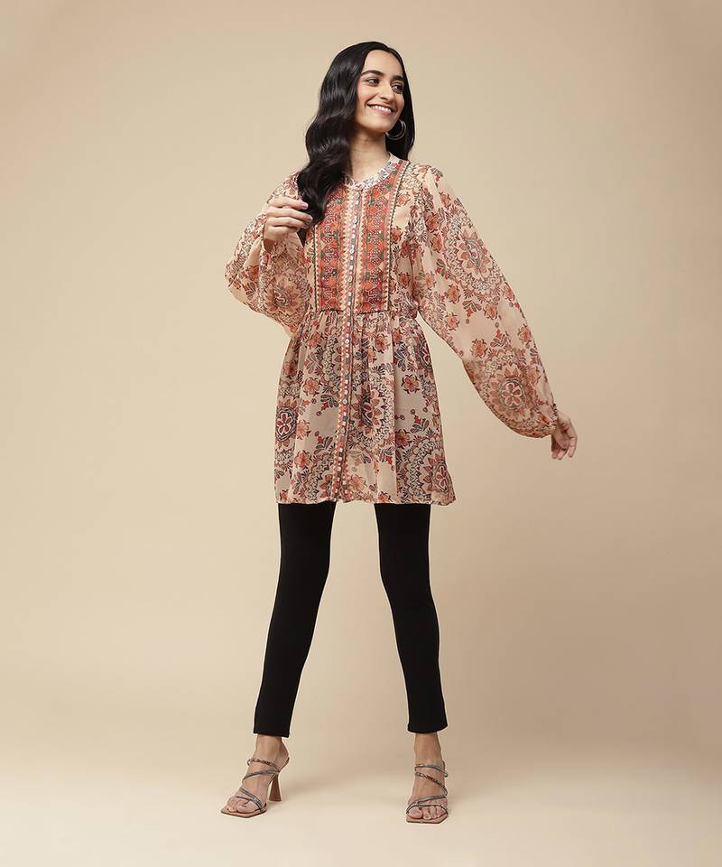 Beige Printed Kurti With Camisole