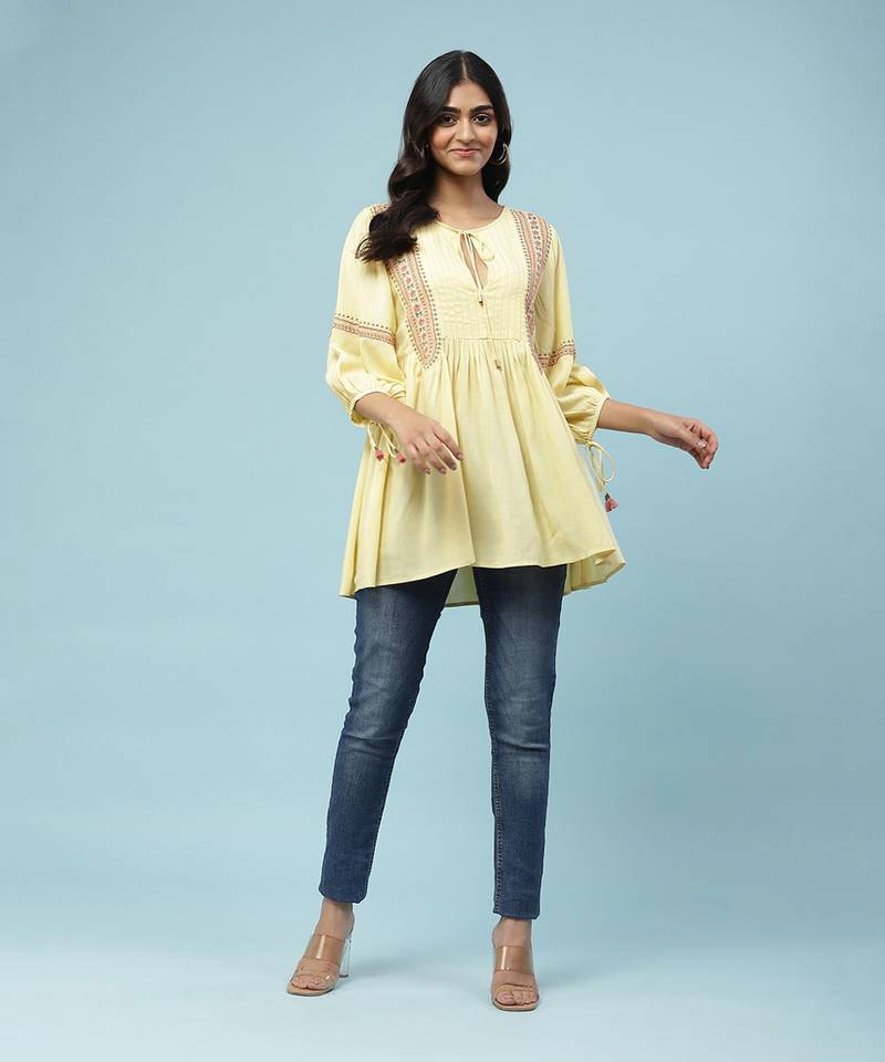 Yellow Kurti with Thread Embroidery