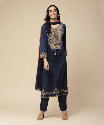 AARKE Navy Blue Embroidered Kurta Set 1