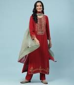 AARKE Red Embroidered Kurta Set