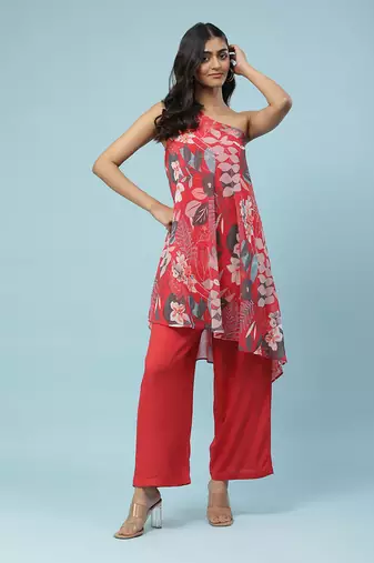 Red Botanical Print Kurta with Pants