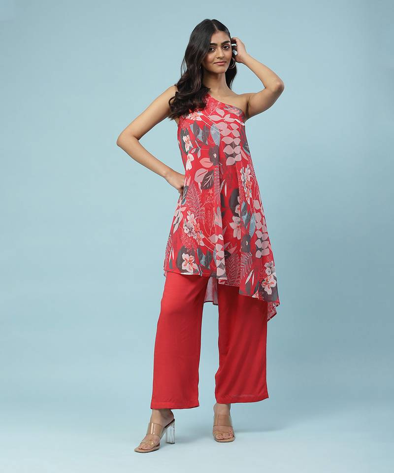 Red Botanical Print Kurta with Pants