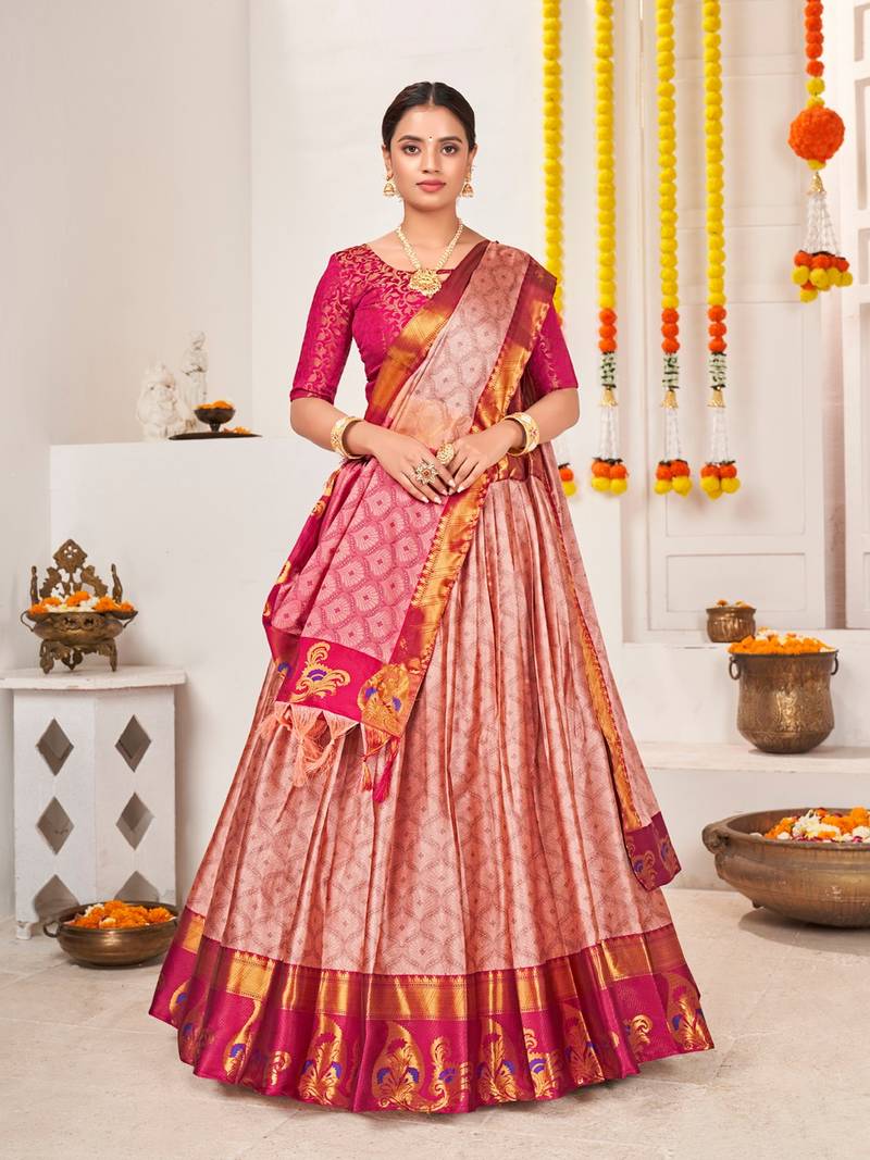 Peach & Pink Semi-Stitched  Half Saree & Unstitched Blouse With Dupatta