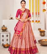 Peach & Pink Semi-Stitched  Half Saree & Unstitched Blouse With Dupatta