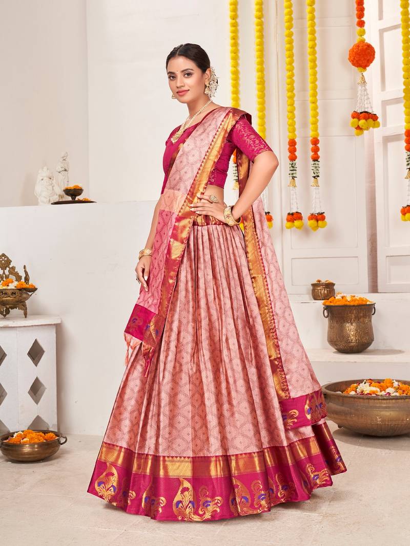 Peach & Pink Semi-Stitched  Half Saree & Unstitched Blouse With Dupatta