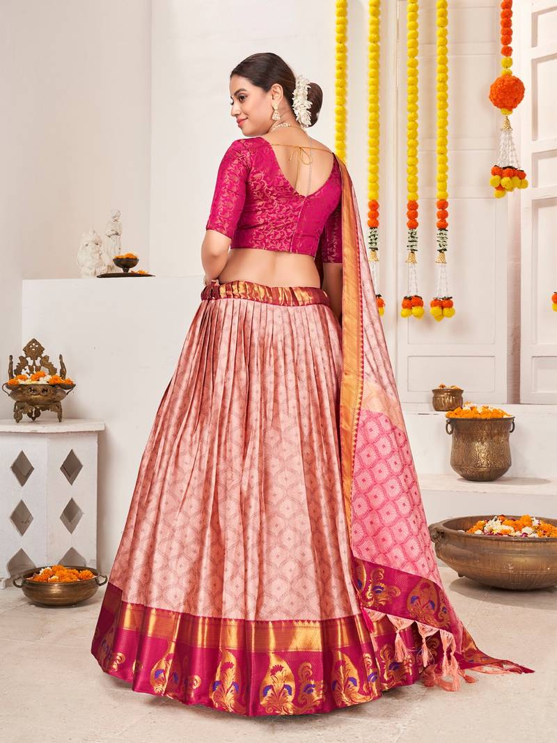Peach & Pink Semi-Stitched  Half Saree & Unstitched Blouse With Dupatta