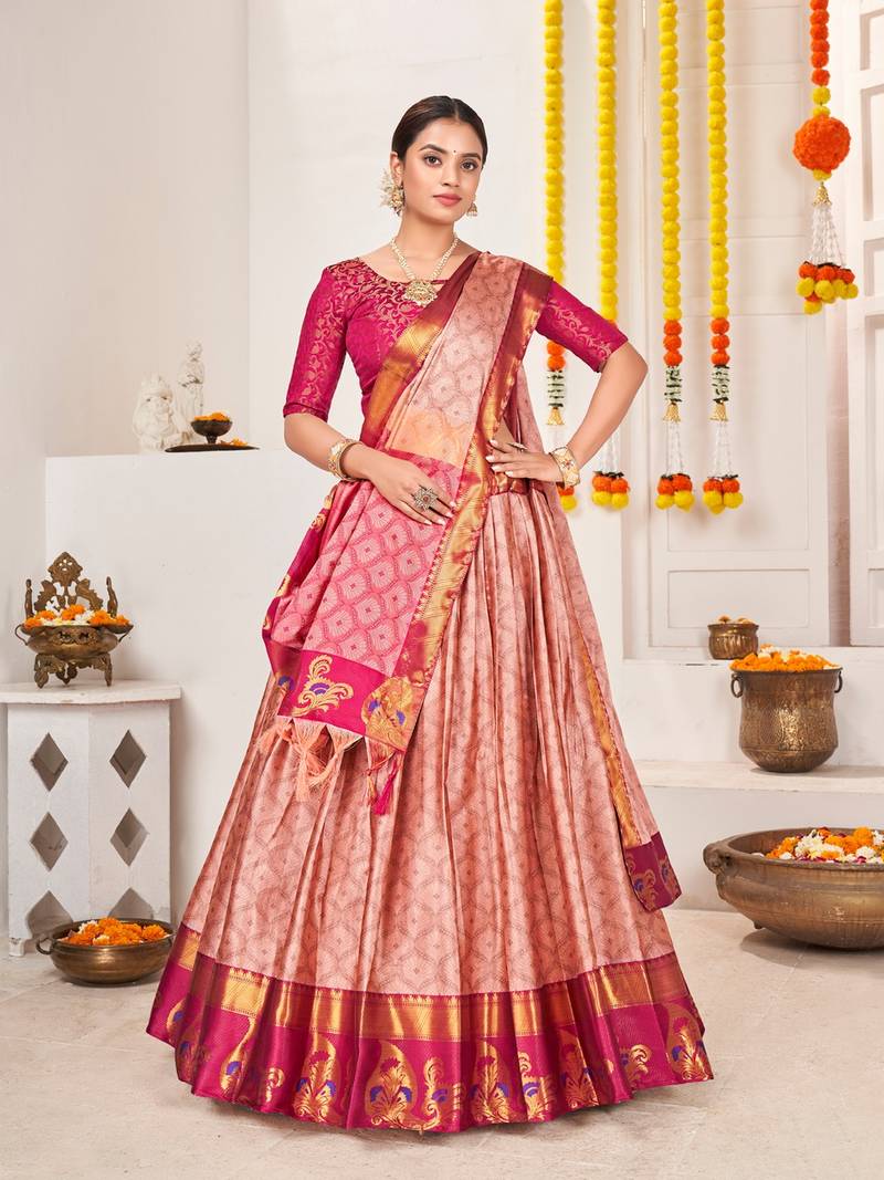Peach & Pink Semi-Stitched  Half Saree & Unstitched Blouse With Dupatta