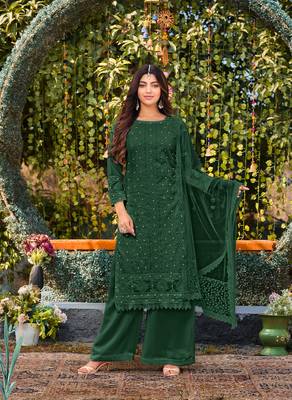 Dark-green embroidered faux georgette salwar 1
