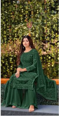 Dark-green embroidered faux georgette salwar 3