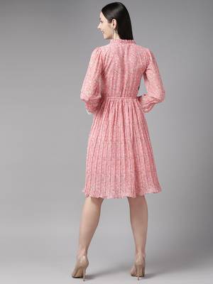 Pink printed georgette short-dresses 4