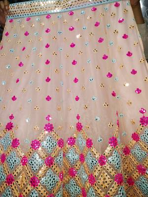 Attractive Peach sequins, dori and thread embroidered net Semi Stitched wedding Lehenga 6