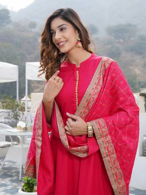 Women Pink Rayon Kurta with Trousers And Dupatta Set 1