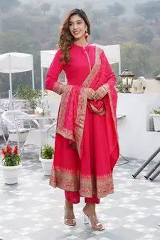 Women Pink Rayon Kurta with Trousers And Dupatta Set