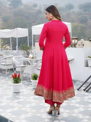 Women Pink Rayon Kurta with Trousers And Dupatta Set 3