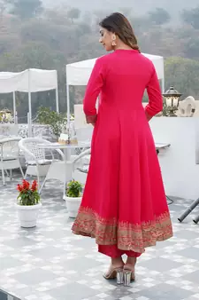 Women Pink Rayon Kurta with Trousers And Dupatta Set