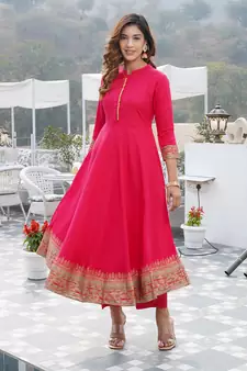 Women Pink Rayon Kurta with Trousers And Dupatta Set