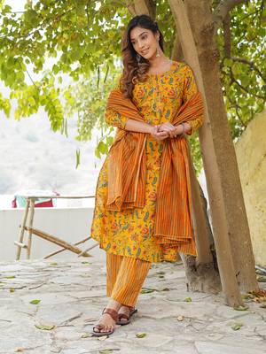 Women Mustard Yellow Pure cotton Kurta with Trousers And Dupatta Set 1