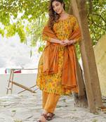 Women Mustard Yellow Pure cotton Kurta with Trousers And Dupatta Set
