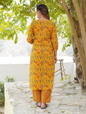 Women Mustard Yellow Pure cotton Kurta with Trousers And Dupatta Set 2