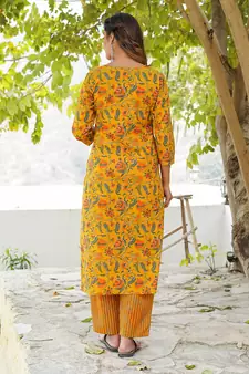 Women Mustard Yellow Pure cotton Kurta with Trousers And Dupatta Set