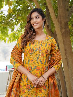 Women Mustard Yellow Pure cotton Kurta with Trousers And Dupatta Set 3