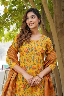 Women Mustard Yellow Pure cotton Kurta with Trousers And Dupatta Set