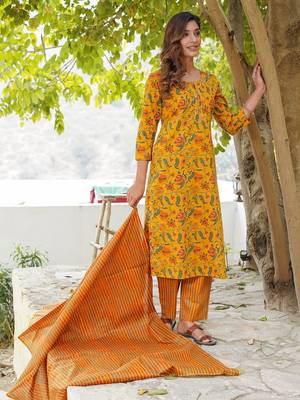 Women Mustard Yellow Pure cotton Kurta with Trousers And Dupatta Set 4