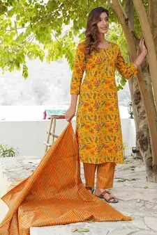 Women Mustard Yellow Pure cotton Kurta with Trousers And Dupatta Set