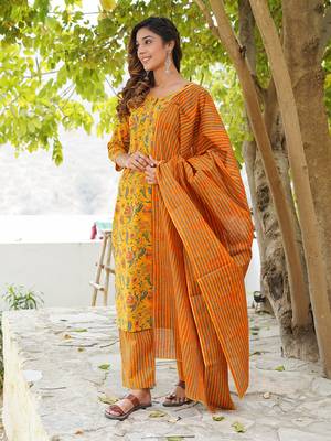 Women Mustard Yellow Pure cotton Kurta with Trousers And Dupatta Set 5