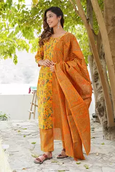 Women Mustard Yellow Pure cotton Kurta with Trousers And Dupatta Set