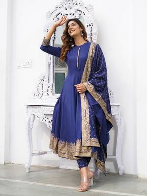 Women Blue Rayon Kurta with Trousers And Dupatta Set 2