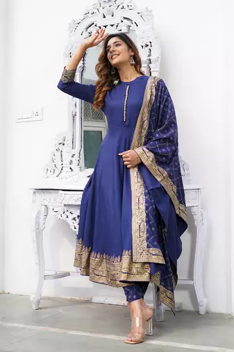 Women Blue Rayon Kurta with Trousers And Dupatta Set