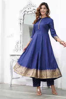 Women Blue Rayon Kurta with Trousers And Dupatta Set