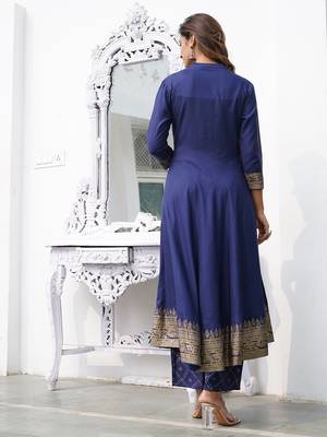 Women Blue Rayon Kurta with Trousers And Dupatta Set 4