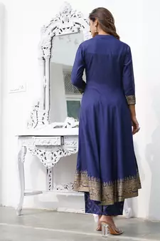 Women Blue Rayon Kurta with Trousers And Dupatta Set