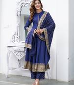 Women Blue Rayon Kurta with Trousers And Dupatta Set