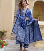 Women Blue Pure Cotton Kurta with Trousers And Dupatta Set