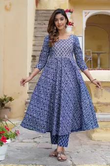 Women Blue Pure Cotton Kurta with Trousers And Dupatta Set
