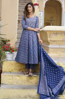Women Blue Pure Cotton Kurta with Trousers And Dupatta Set