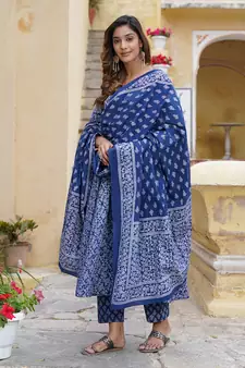 Women Blue Pure Cotton Kurta with Trousers And Dupatta Set